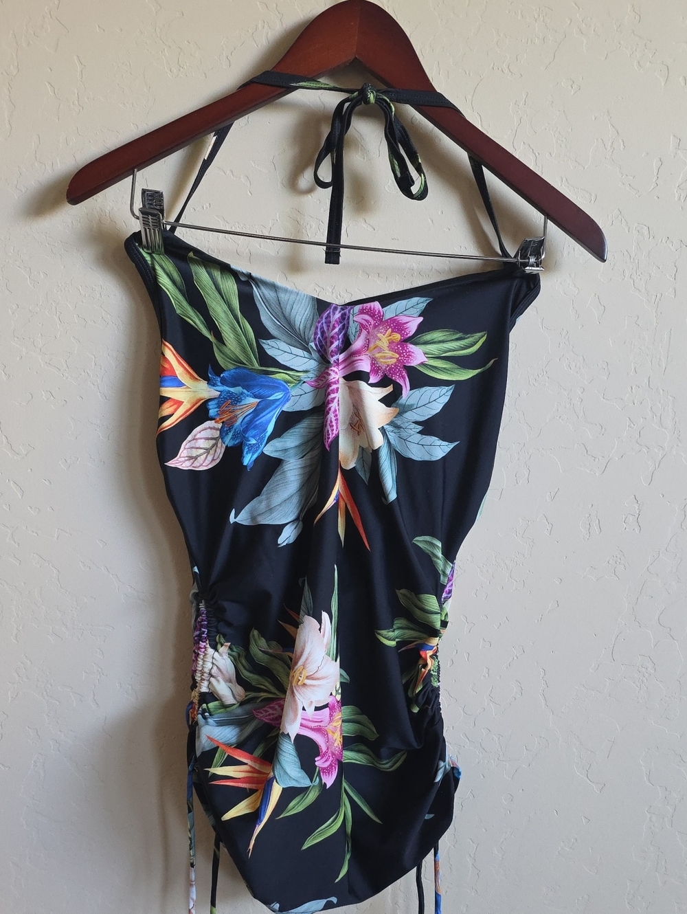 Girls' Black Floral Swim Tankini Top with Halter Tie, Size S